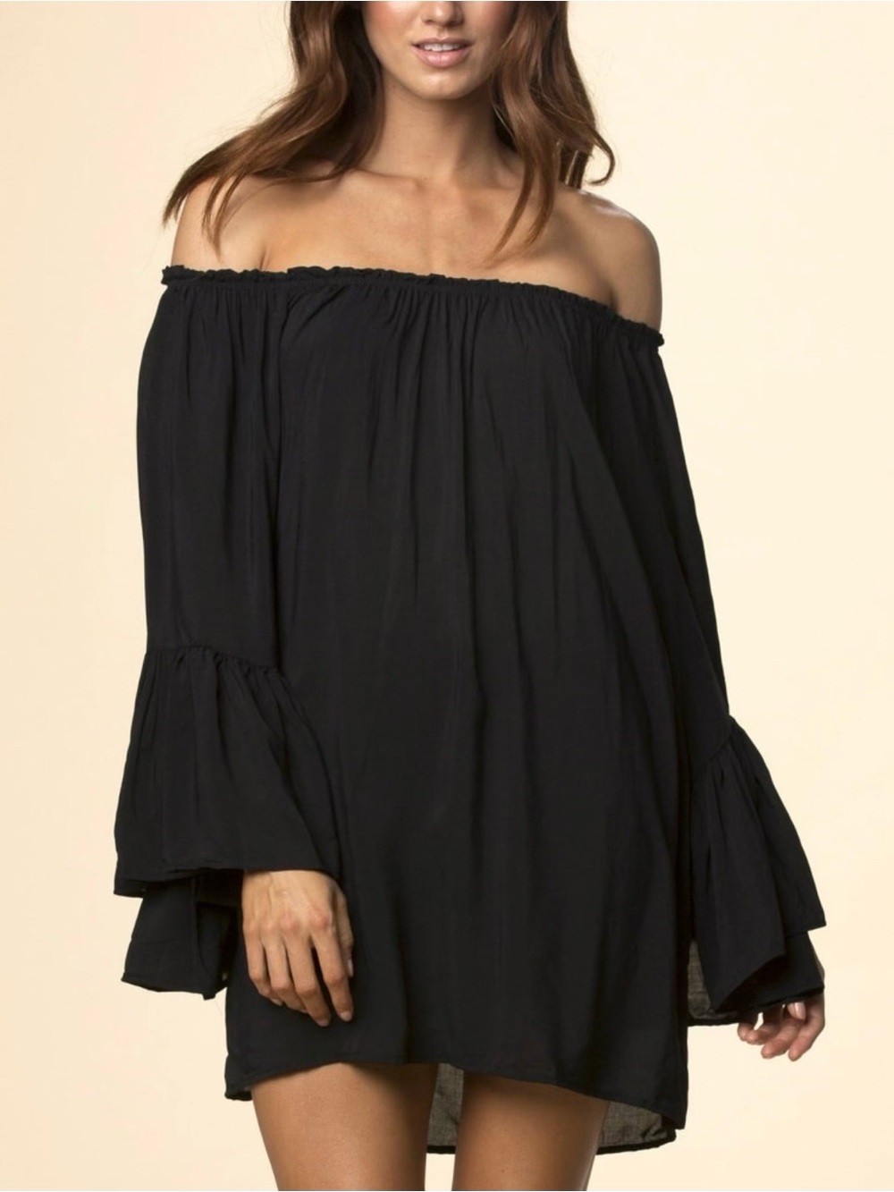 ELAN Black Off Shoulder Bell Sleeve Boho Tunic Mini Dress Top One Size
